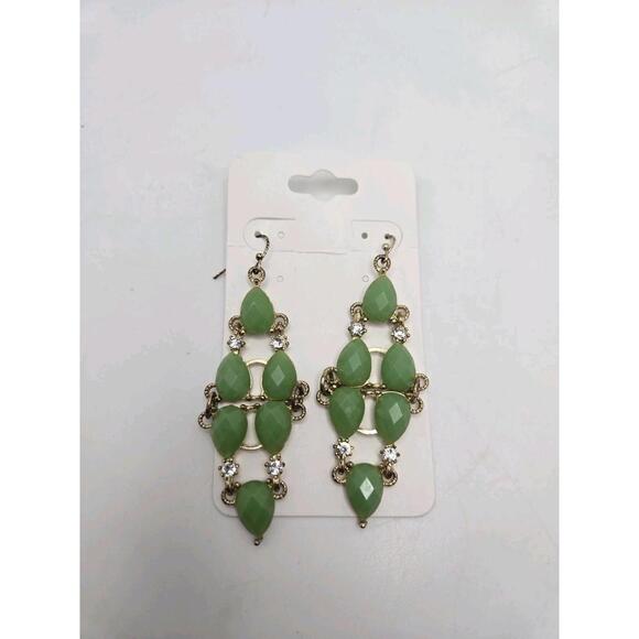Dangle Gold Tone w Green Stones Chandelier Drop Pierced Earrings - Picture 1 of 7